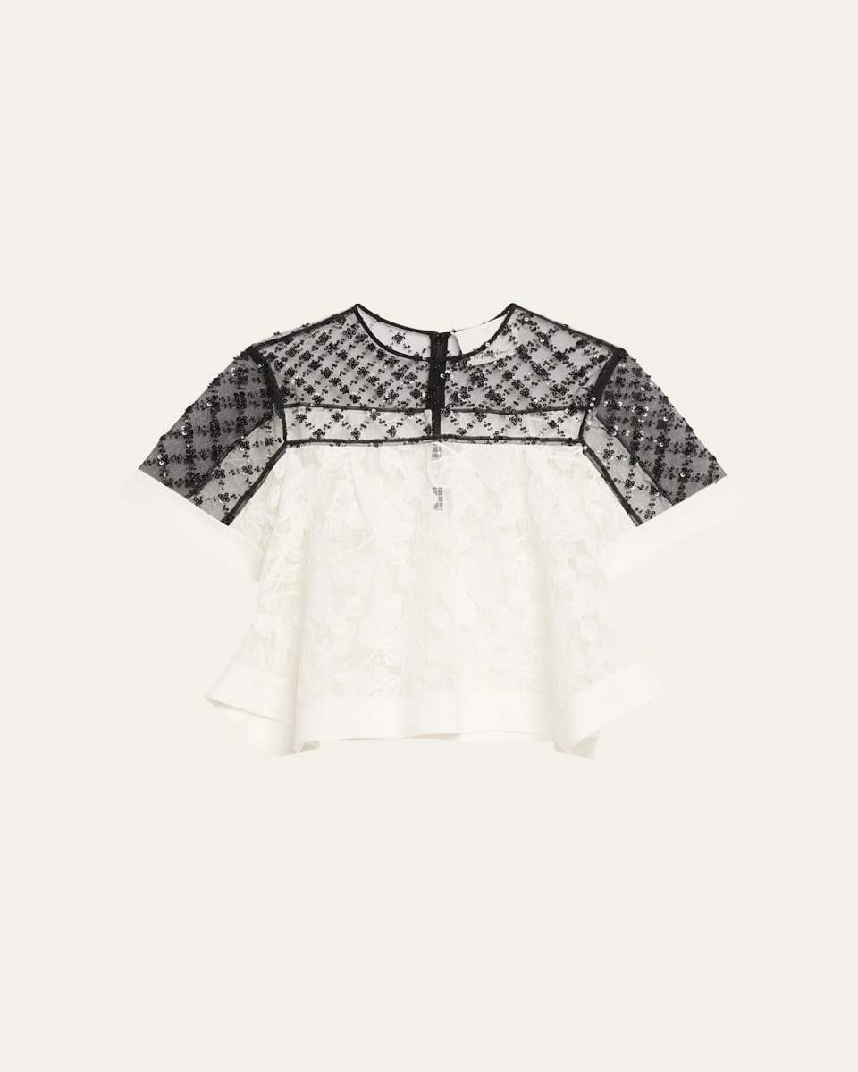 Corded Lace Organza Short-Sleeve Flounce Top